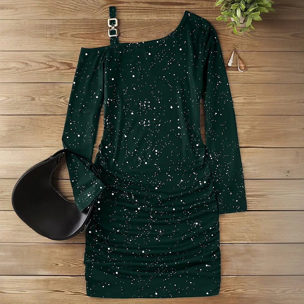 Women's Sexy Diagonol Collar Chain Long Sleeve Bodycon Mini Dress Autumn Ladies Slim Fit Party Cocktail Evening Pullover Dresses - PratSN