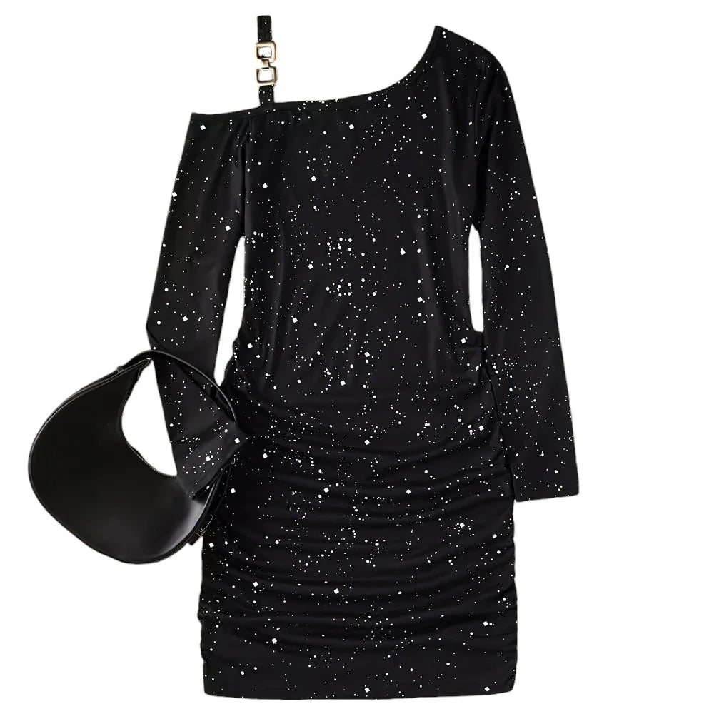 Women's Sexy Diagonol Collar Chain Long Sleeve Bodycon Mini Dress Autumn Ladies Slim Fit Party Cocktail Evening Pullover Dresses - PratSN