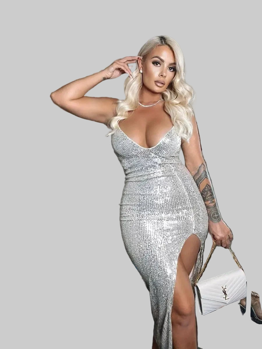 Women's Sexy Evening Party Sequined Glitter Silver Deep V - neck Thin Spaghetti Straps High Split Bodycon Long Dress - PratSN