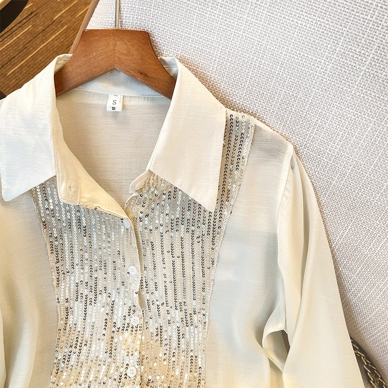 Women's Shirt Sequined Long Sleeve White - PratSN