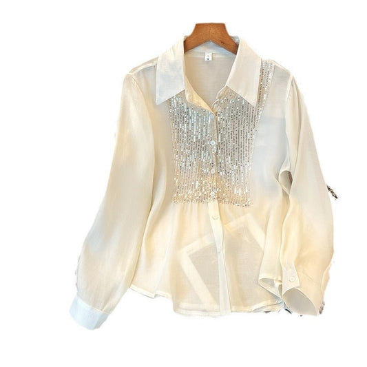 Women's Shirt Sequined Long Sleeve White - PratSN