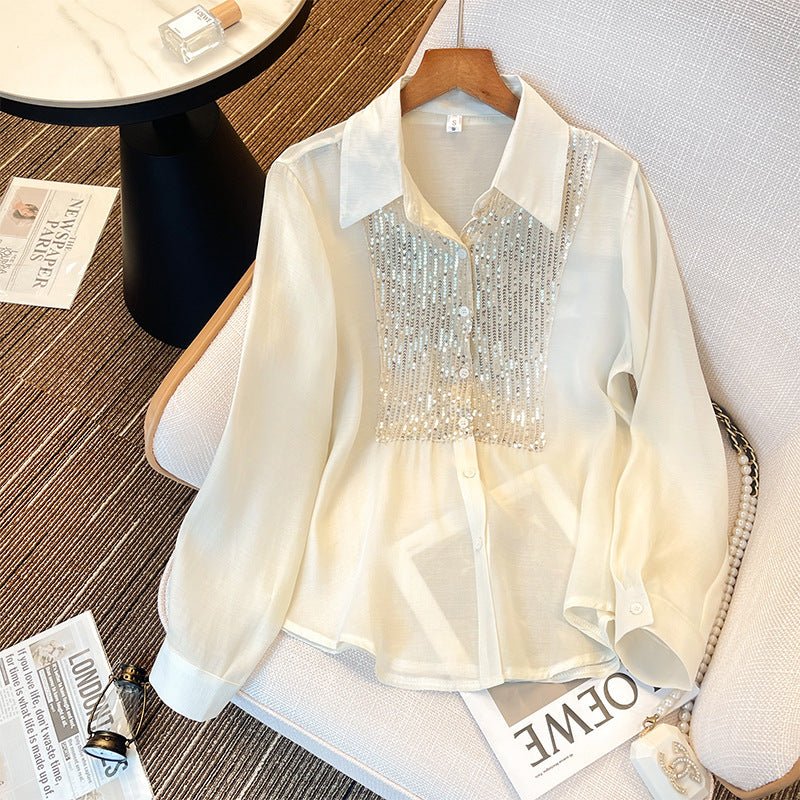 Women's Shirt Sequined Long Sleeve White - PratSN