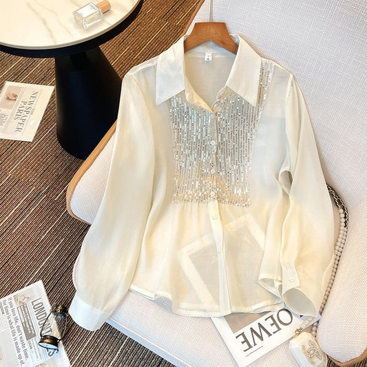 Women's Shirt Sequined Long Sleeve White - PratSN