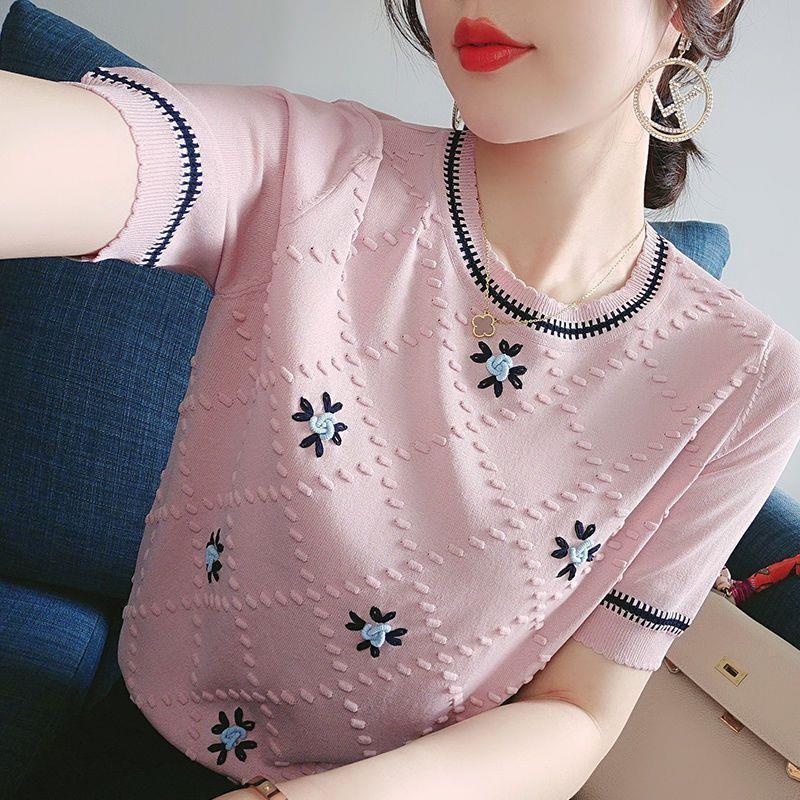 Women's Short - sleeved T-shirt Round Neck Embroidered - PratSN