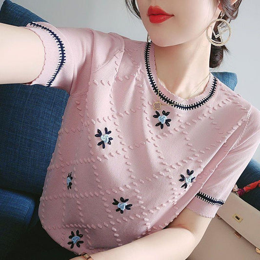 Women's Short - sleeved T-shirt Round Neck Embroidered - PratSN