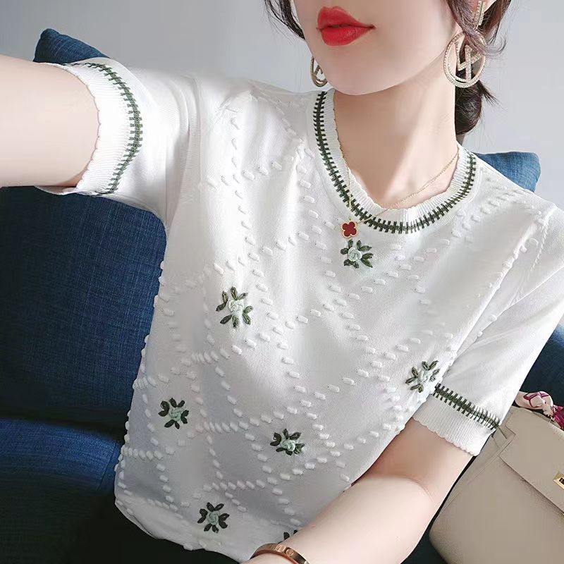 Women's Short - sleeved T-shirt Round Neck Embroidered - PratSN