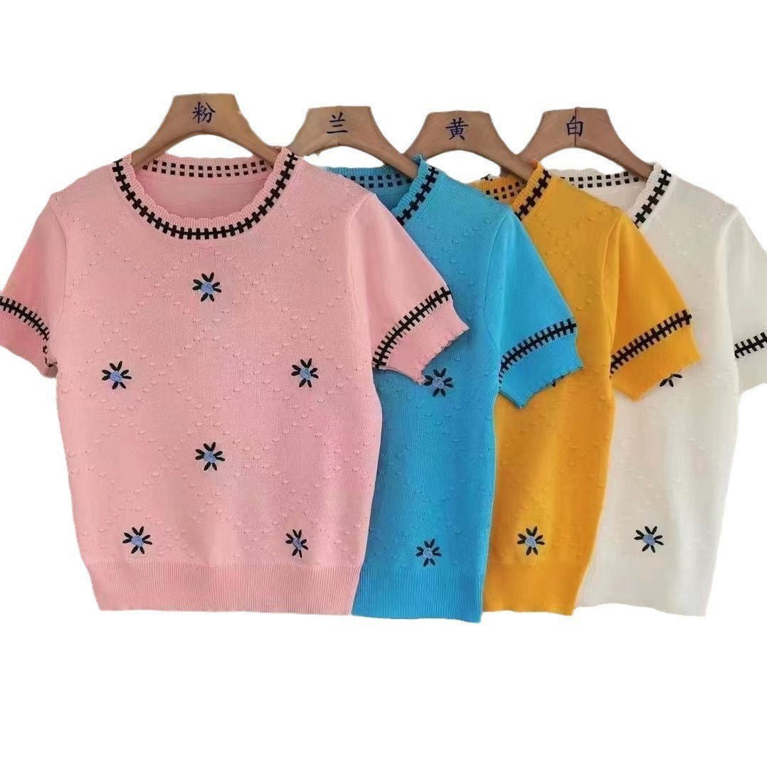 Women's Short - sleeved T-shirt Round Neck Embroidered - PratSN