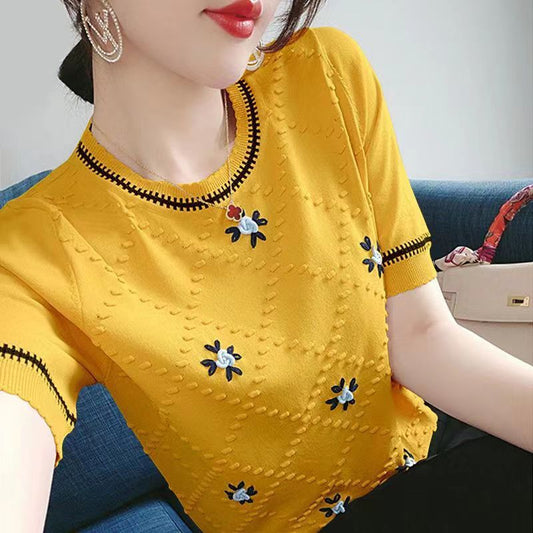 Women's Short - sleeved T-shirt Round Neck Embroidered - PratSN