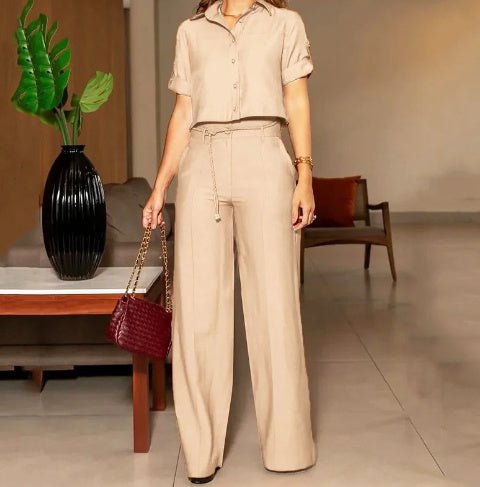 Women's Simple And Short Top With Straight - leg Wide - leg Pants Commuter Two - piece Set - PratSN