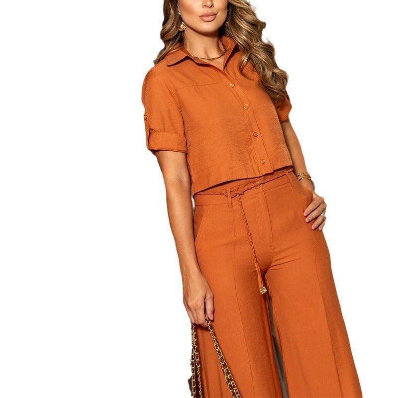 Women's Simple And Short Top With Straight - leg Wide - leg Pants Commuter Two - piece Set - PratSN