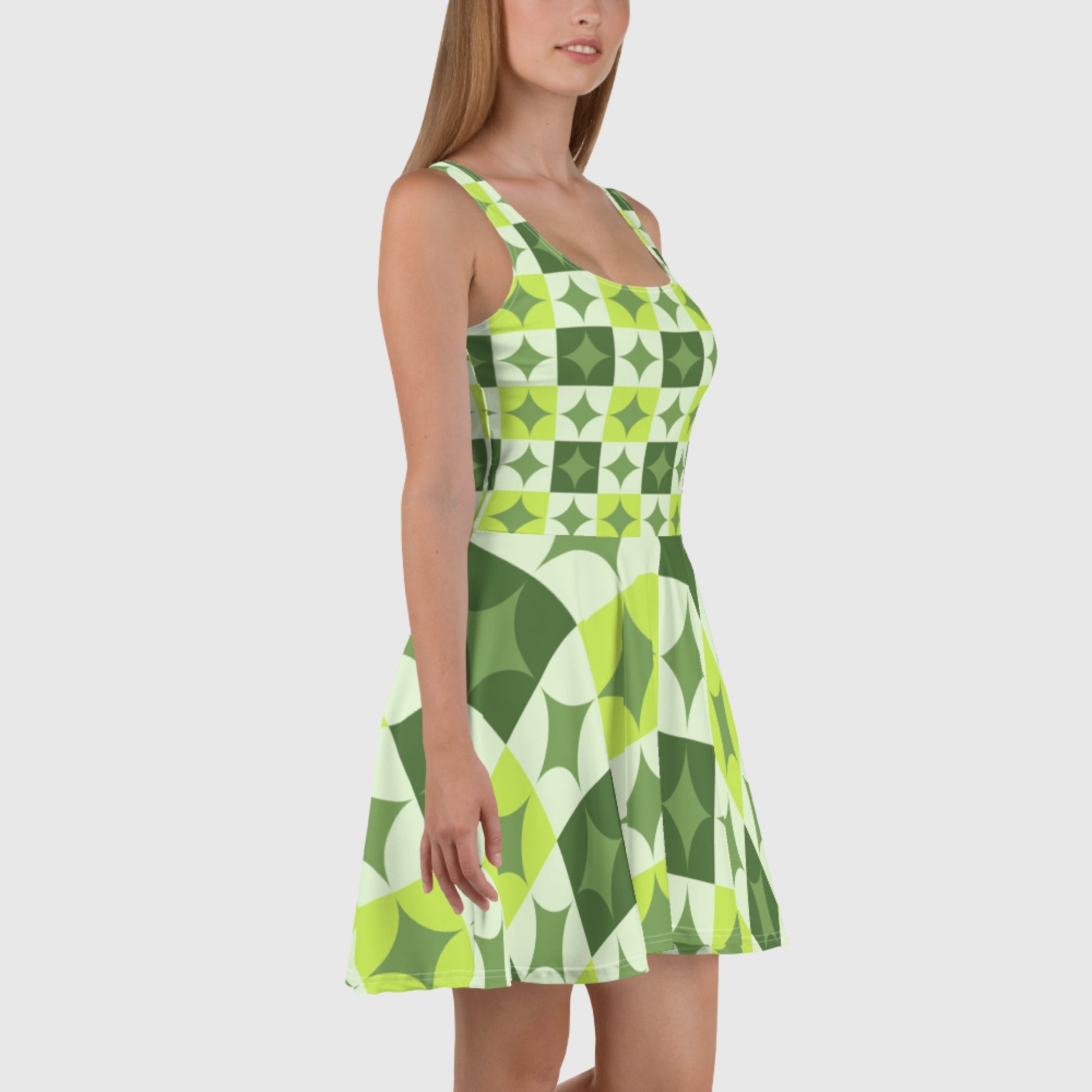 Chic Green and White Skater Dress - Geometric Sleeveless 2XL Chic Green and White Skater Dress - Geometric Sleeveless 2XL