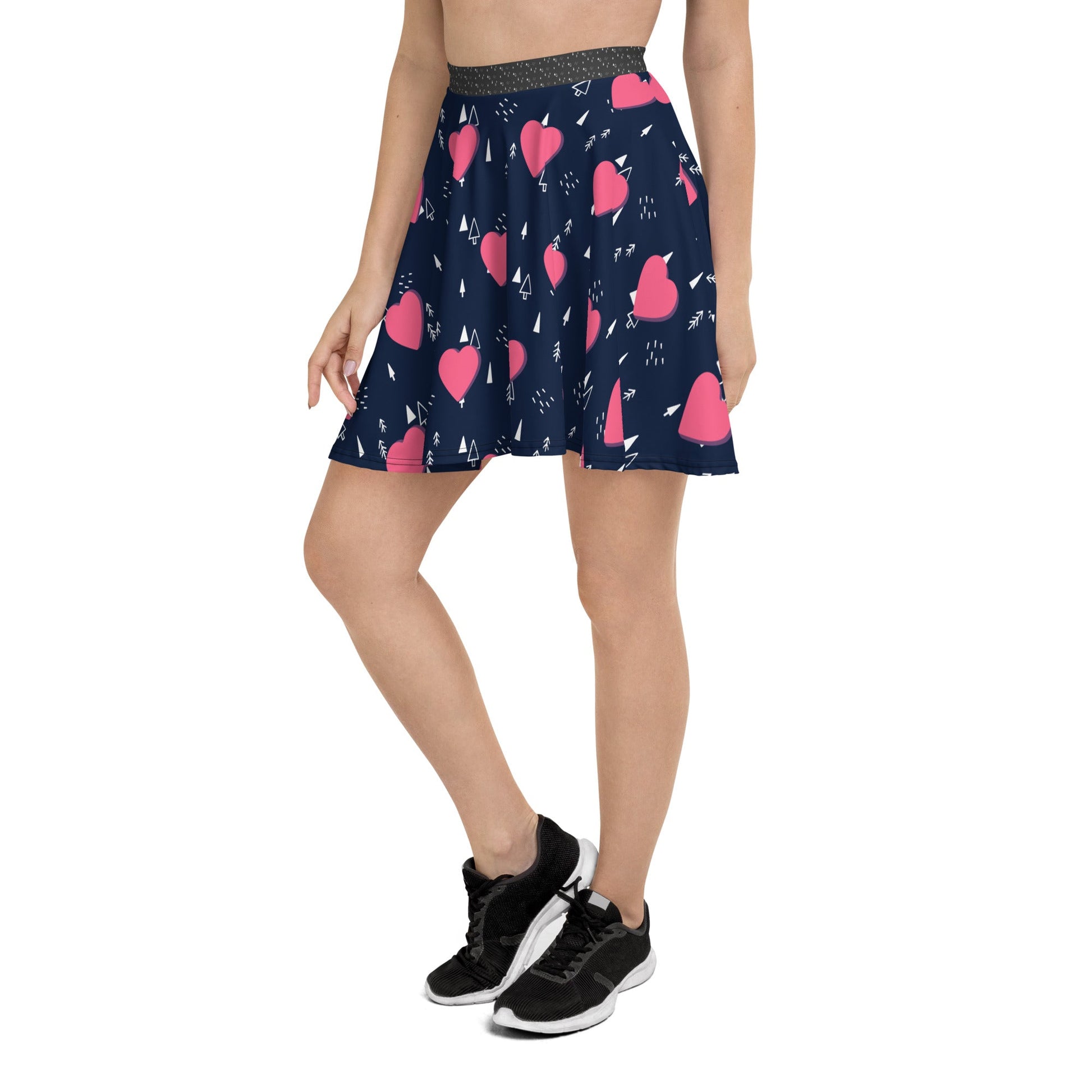 Women's skater skirt, Navy and pink color skirt, Love patterns - Hearts skirt, Festive pattern cut & sew sublimation, Summer special skirt skirt - PratSN