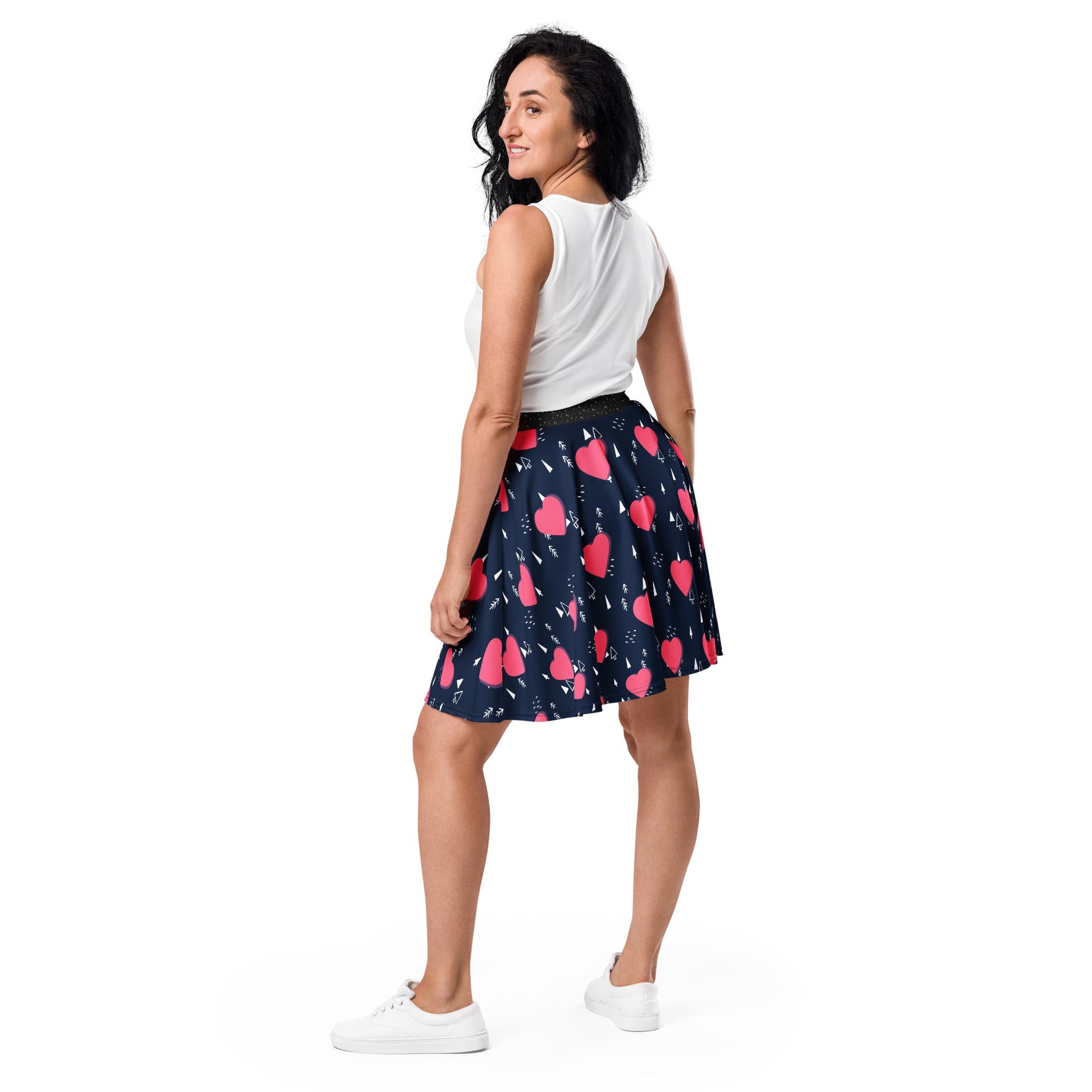 Women's skater skirt, Navy and pink color skirt, Love patterns - Hearts skirt, Festive pattern cut & sew sublimation, Summer special skirt skirt - PratSN