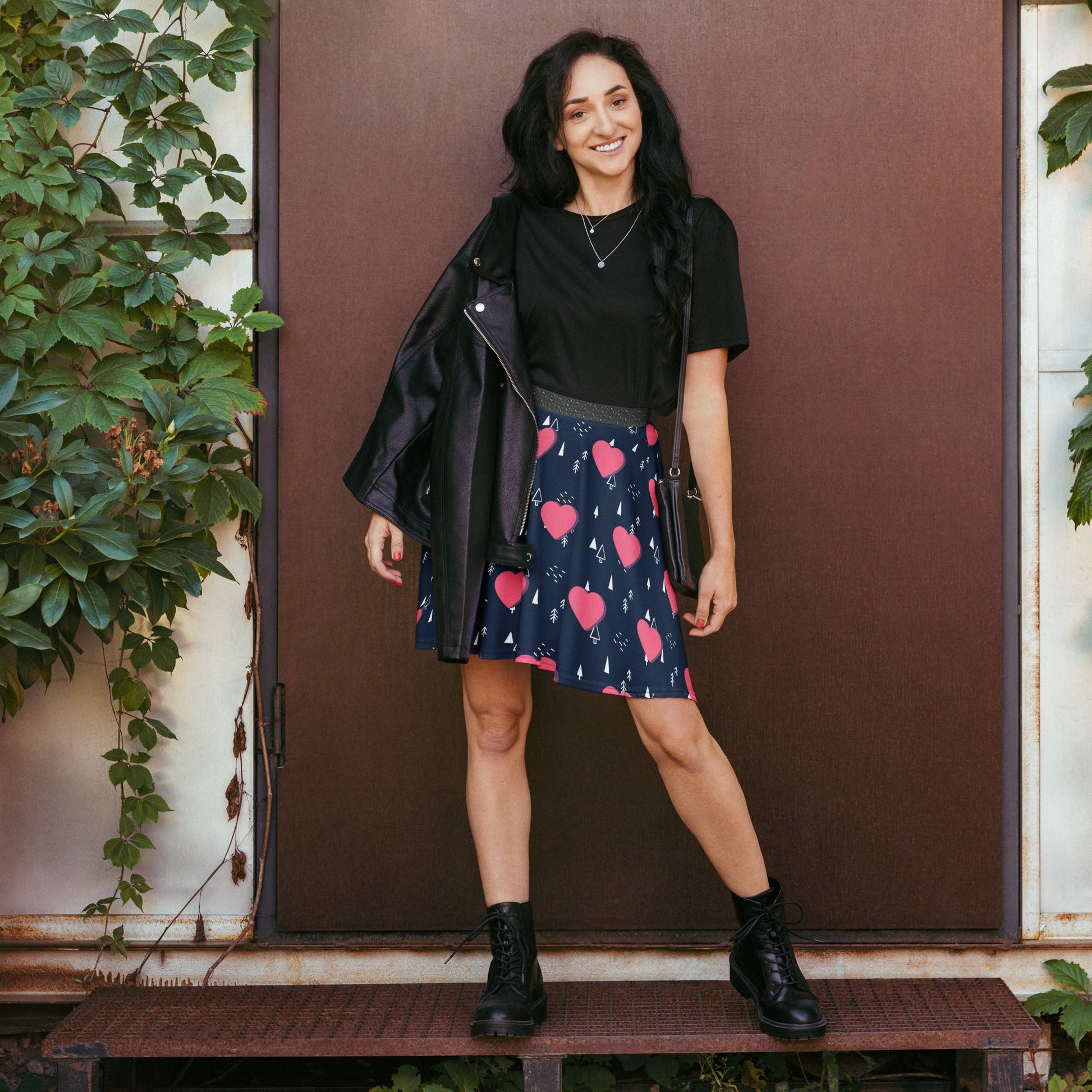 Women's skater skirt, Navy and pink color skirt, Love patterns - Hearts skirt, Festive pattern cut & sew sublimation, Summer special skirt skirt - PratSN
