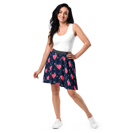 Women's skater skirt, Navy and pink color skirt, Love patterns - Hearts skirt, Festive pattern cut & sew sublimation, Summer special skirt skirt - PratSN