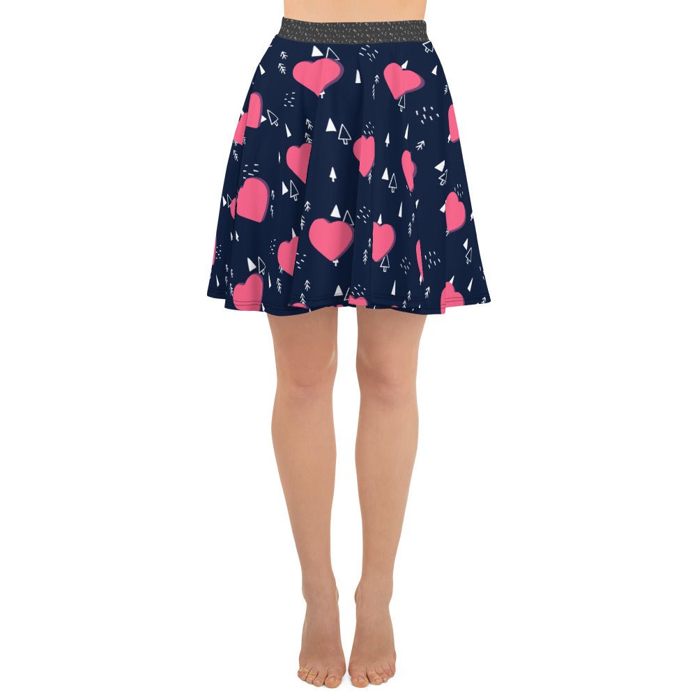 Women's skater skirt, Navy and pink color skirt, Love patterns - Hearts skirt, Festive pattern cut & sew sublimation, Summer special skirt skirt - PratSN