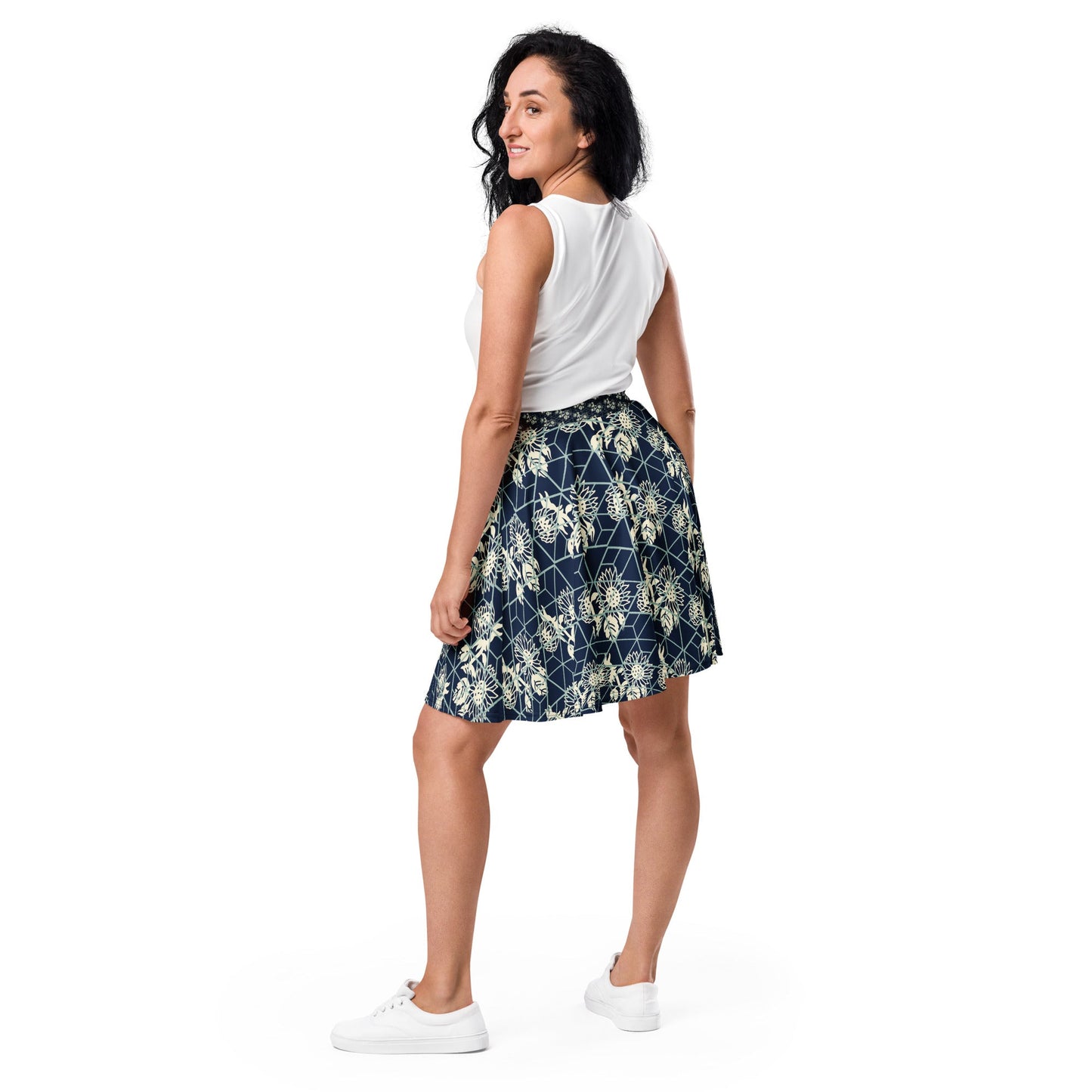 Women's skater skirt, Navy color skirt, Blooming and geometric pattern skater skirt, Cut & sew sublimation skirt, skater skirt for summer and spring - PratSN