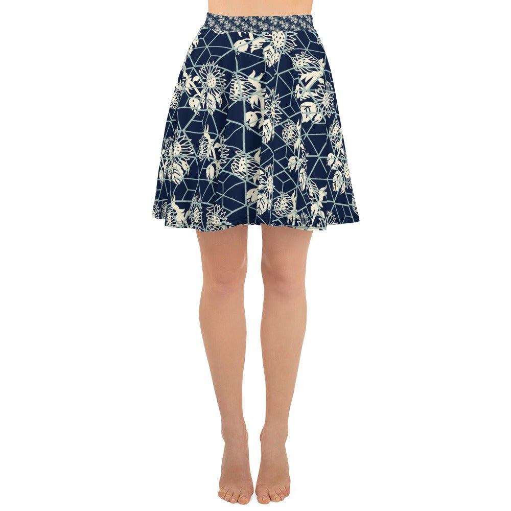 Women's skater skirt, Navy color skirt, Blooming and geometric pattern skater skirt, Cut & sew sublimation skirt, skater skirt for summer and spring - PratSN