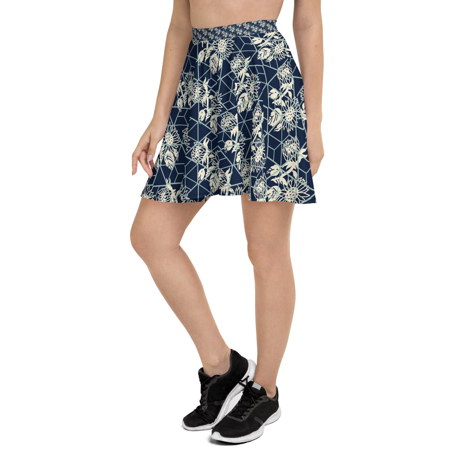 Women's skater skirt, Navy color skirt, Blooming and geometric pattern skater skirt, Cut & sew sublimation skirt, skater skirt for summer and spring - PratSN