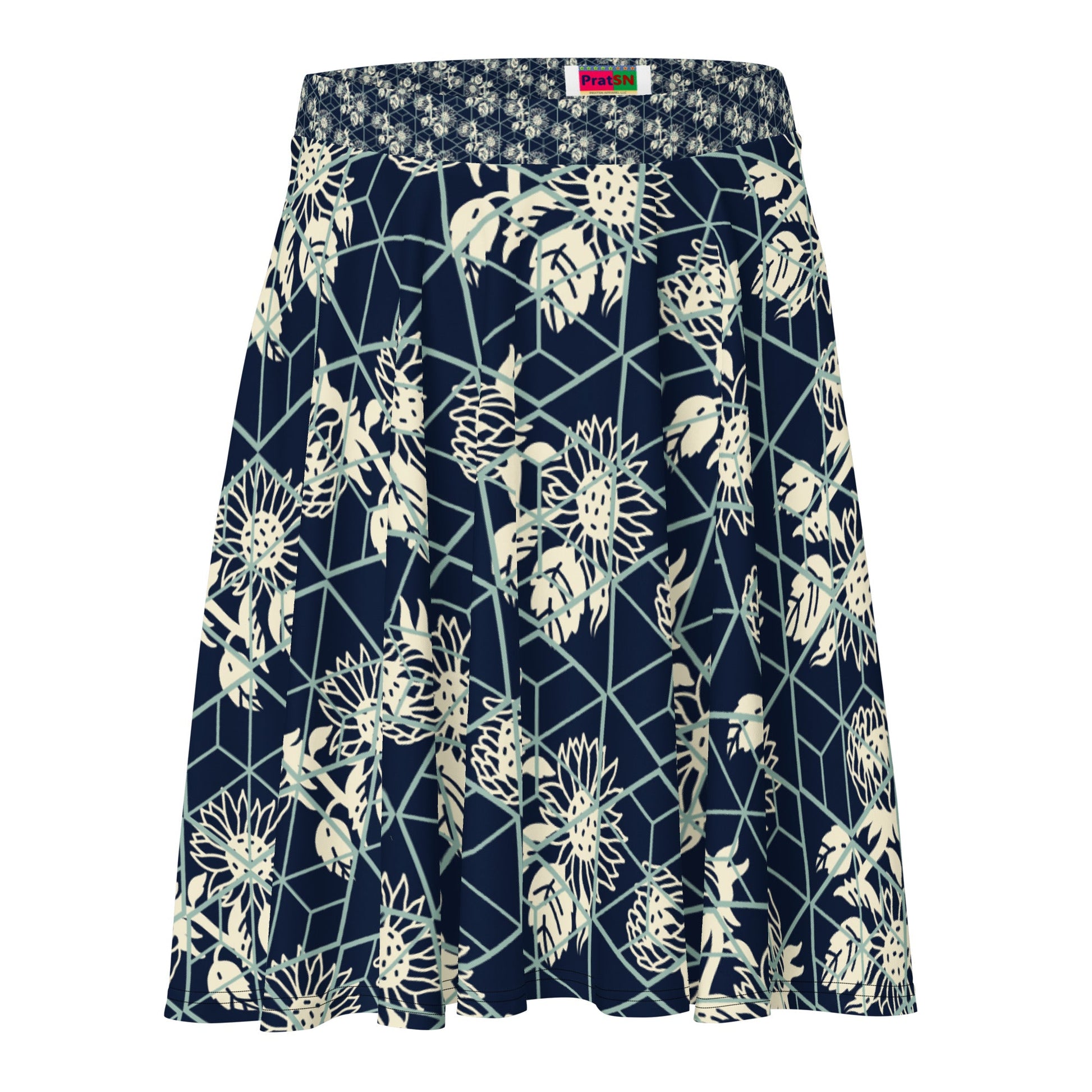 Women's skater skirt, Navy color skirt, Blooming and geometric pattern skater skirt, Cut & sew sublimation skirt, skater skirt for summer and spring - PratSN