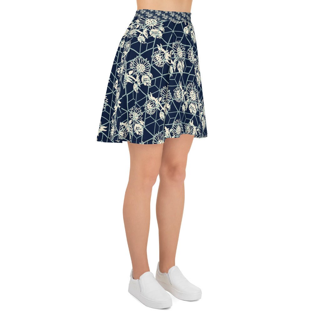 Women's skater skirt, Navy color skirt, Blooming and geometric pattern skater skirt, Cut & sew sublimation skirt, skater skirt for summer and spring - PratSN