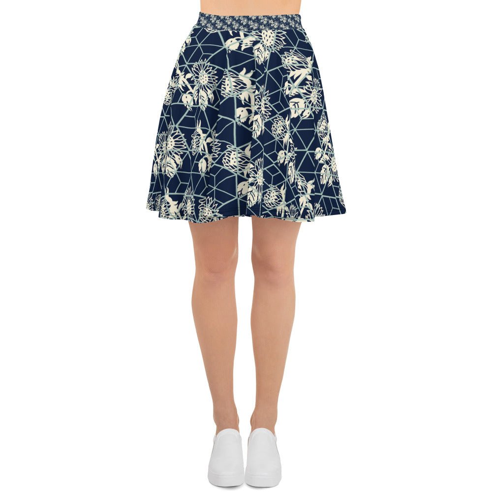 Women's skater skirt, Navy color skirt, Blooming and geometric pattern skater skirt, Cut & sew sublimation skirt, skater skirt for summer and spring - PratSN