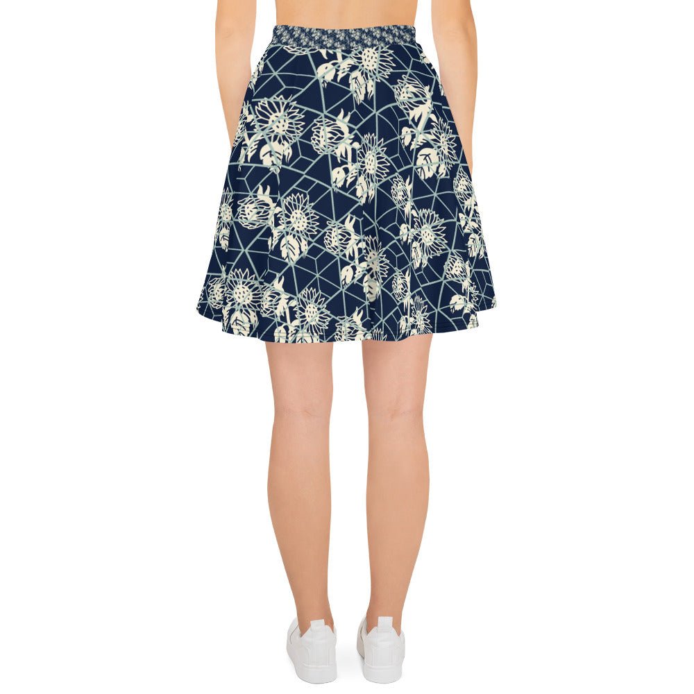 Women's skater skirt, Navy color skirt, Blooming and geometric pattern skater skirt, Cut & sew sublimation skirt, skater skirt for summer and spring - PratSN