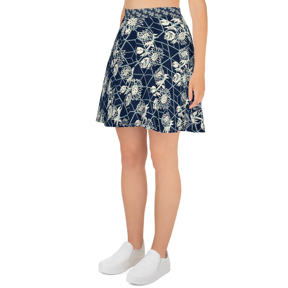 Women's skater skirt, Navy color skirt, Blooming and geometric pattern skater skirt, Cut & sew sublimation skirt, skater skirt for summer and spring - PratSN