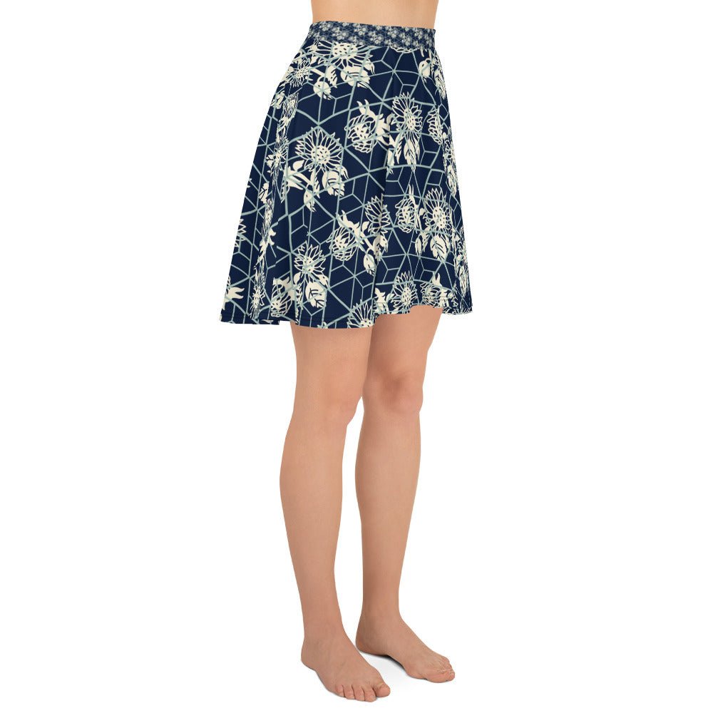 Women's skater skirt, Navy color skirt, Blooming and geometric pattern skater skirt, Cut & sew sublimation skirt, skater skirt for summer and spring - PratSN