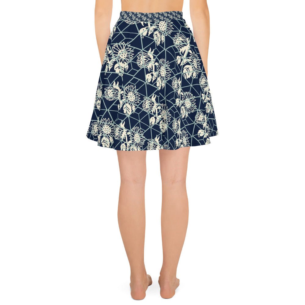 Women's skater skirt, Navy color skirt, Blooming and geometric pattern skater skirt, Cut & sew sublimation skirt, skater skirt for summer and spring - PratSN