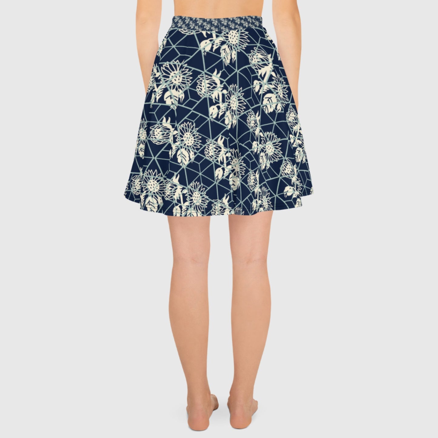 Women's skater skirt, Navy color skirt, Blooming and geometric pattern skater skirt, Cut & sew sublimation skirt, skater skirt for summer and spring - PratSN