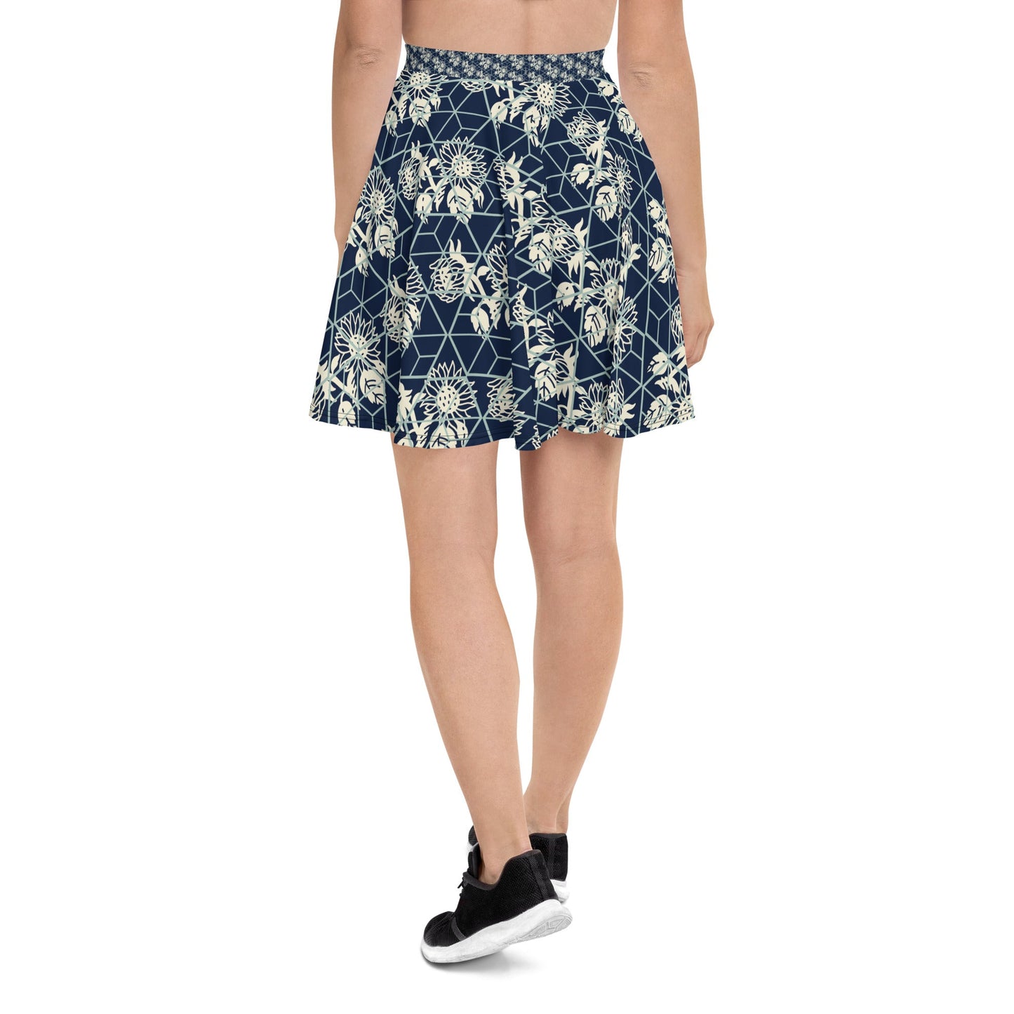 Women's skater skirt, Navy color skirt, Blooming and geometric pattern skater skirt, Cut & sew sublimation skirt, skater skirt for summer and spring - PratSN