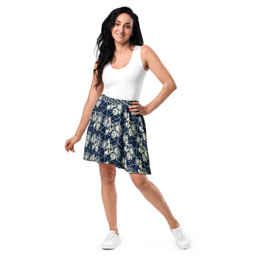 Women's skater skirt, Navy color skirt, Blooming and geometric pattern skater skirt, Cut & sew sublimation skirt, skater skirt for summer and spring - PratSN