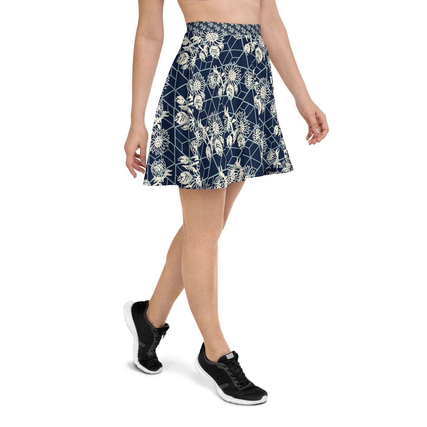 Women's skater skirt, Navy color skirt, Blooming and geometric pattern skater skirt, Cut & sew sublimation skirt, skater skirt for summer and spring - PratSN