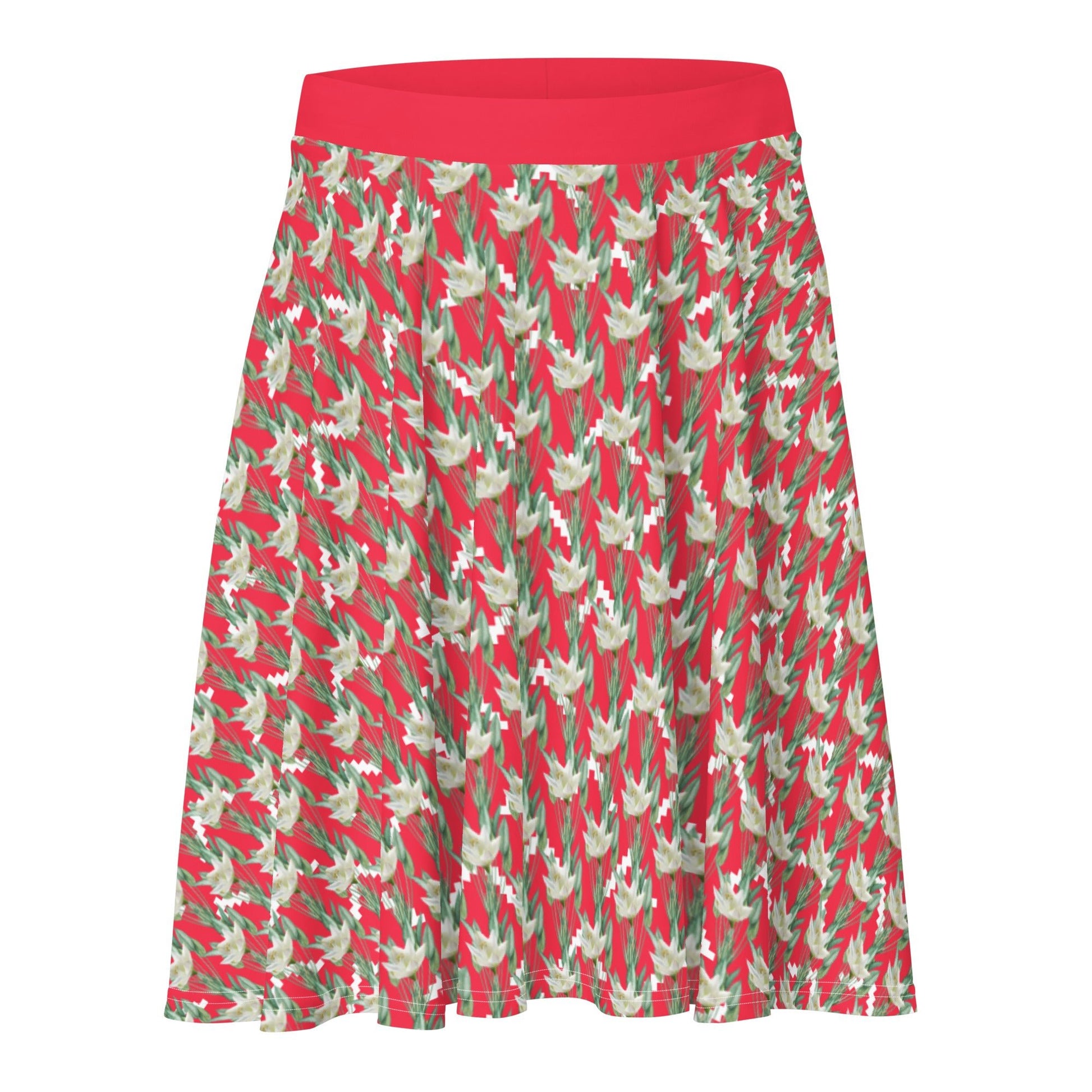 Women's skater skirt, Radical red color skirt, Festive and blooming pattern skater skirt, Cut & sew sublimation skirt, skater skirt for summer and spring - PratSN