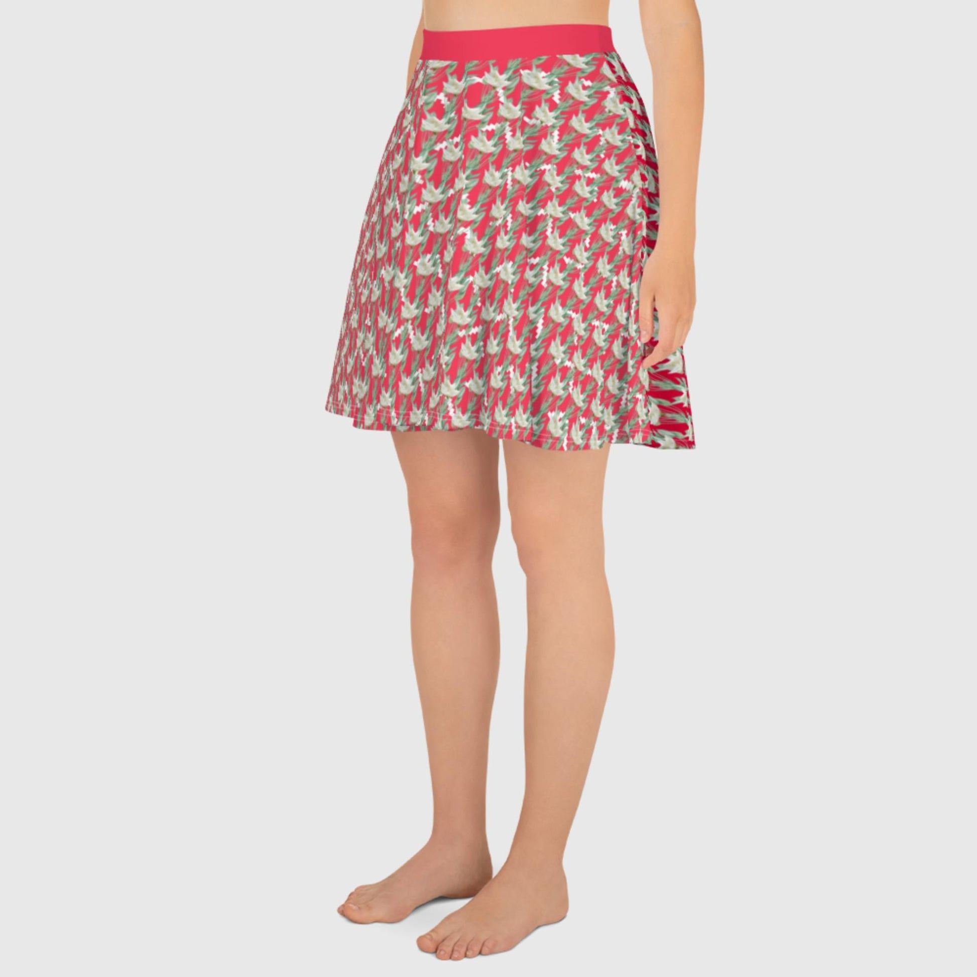 Women's skater skirt, Radical red color skirt, Festive and blooming pattern skater skirt, Cut & sew sublimation skirt, skater skirt for summer and spring - PratSN