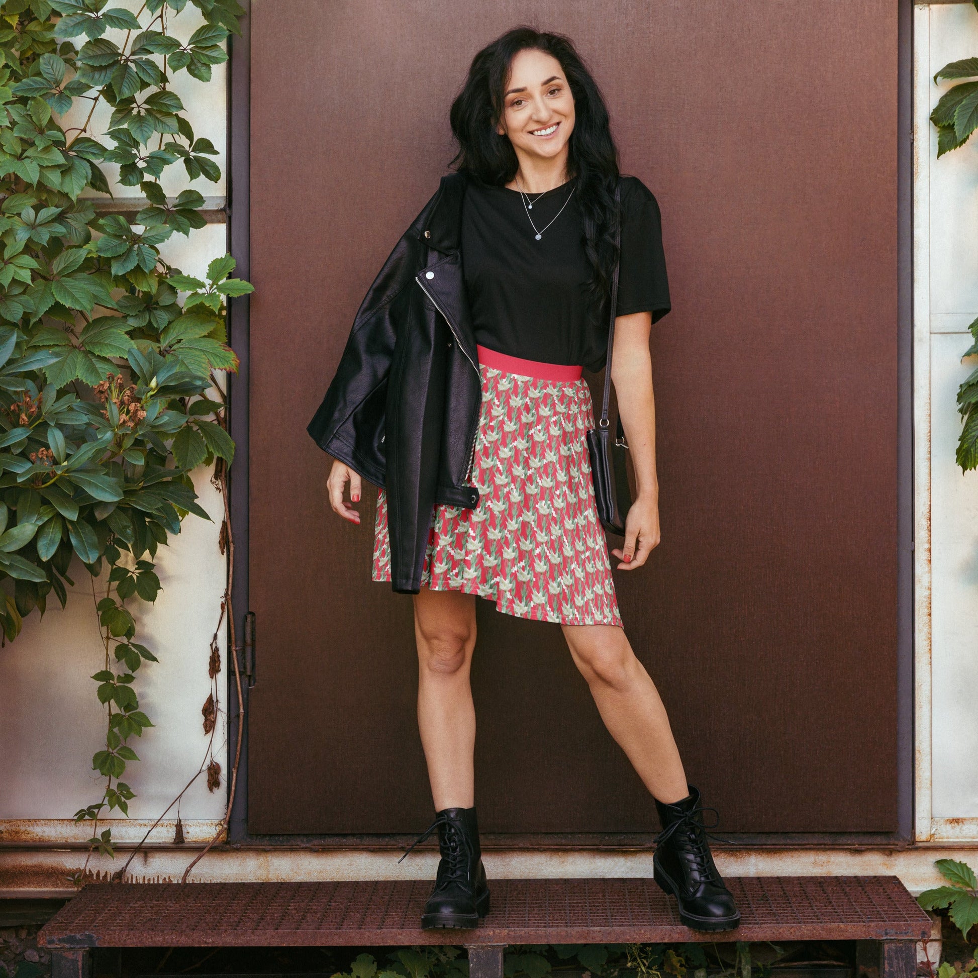 Women's skater skirt, Radical red color skirt, Festive and blooming pattern skater skirt, Cut & sew sublimation skirt, skater skirt for summer and spring - PratSN