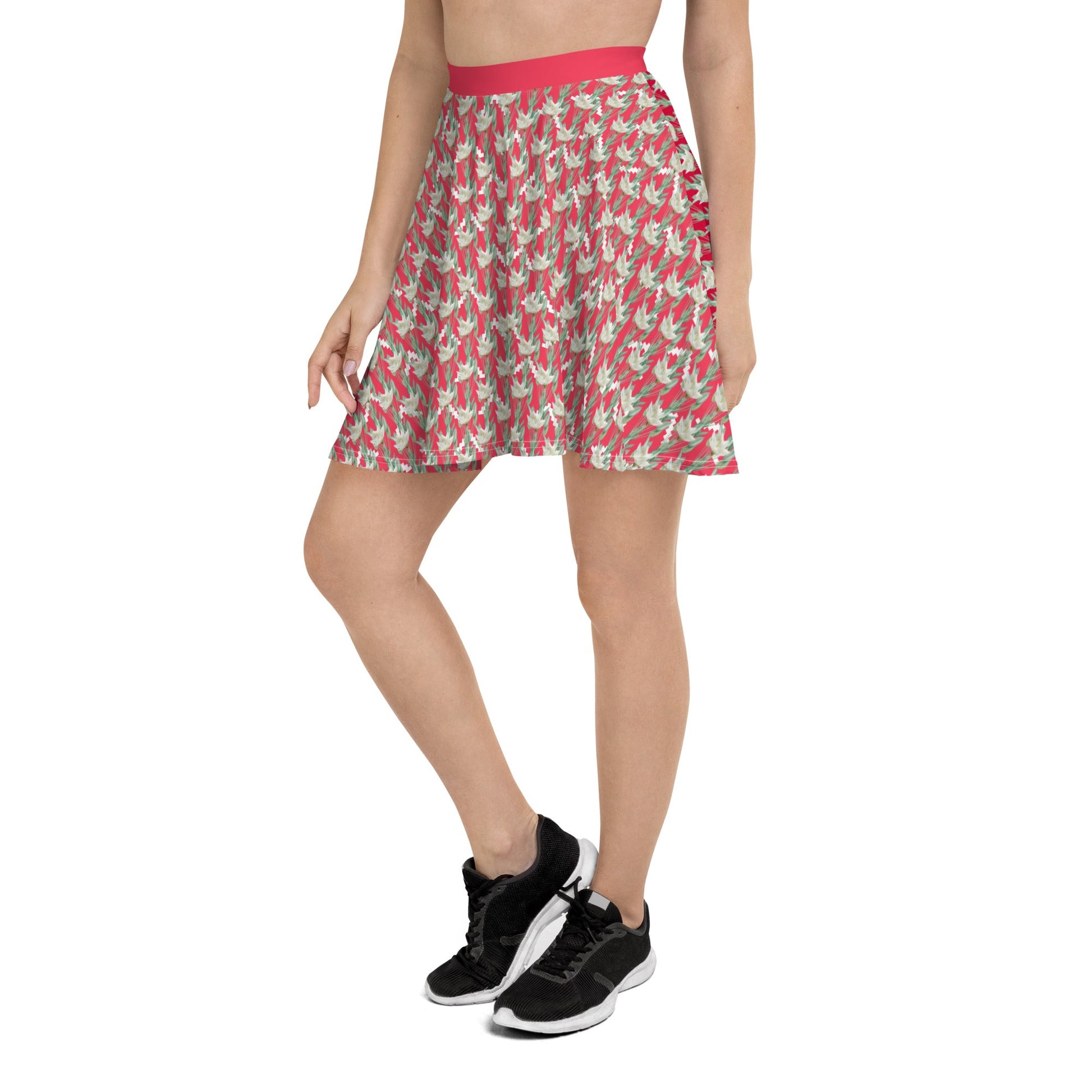 Women's skater skirt, Radical red color skirt, Festive and blooming pattern skater skirt, Cut & sew sublimation skirt, skater skirt for summer and spring - PratSN