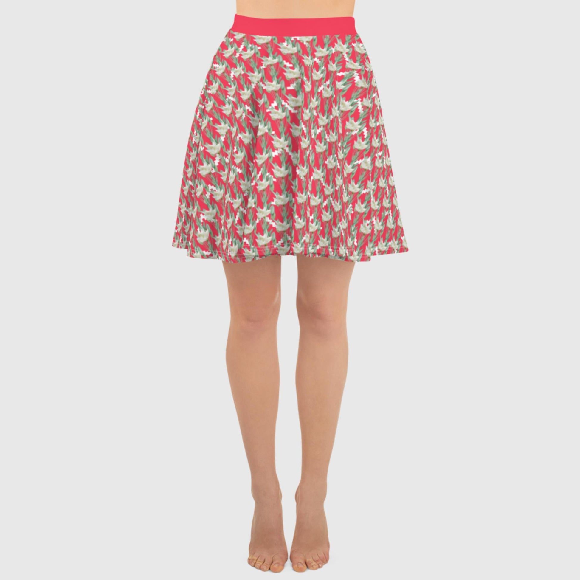 Women's skater skirt, Radical red color skirt, Festive and blooming pattern skater skirt, Cut & sew sublimation skirt, skater skirt for summer and spring - PratSN