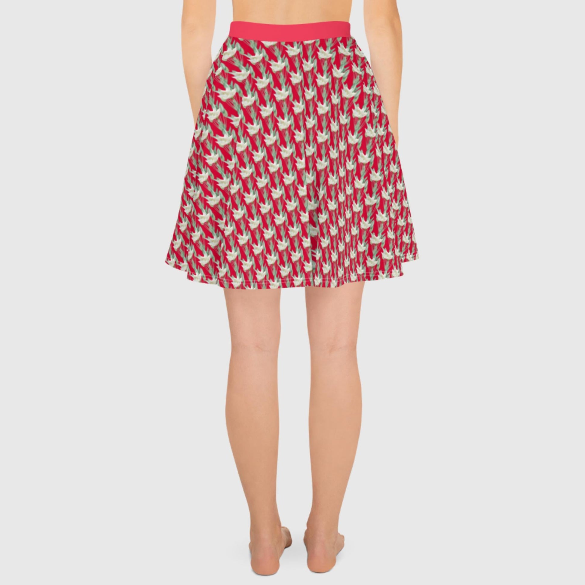 Women's skater skirt, Radical red color skirt, Festive and blooming pattern skater skirt, Cut & sew sublimation skirt, skater skirt for summer and spring - PratSN