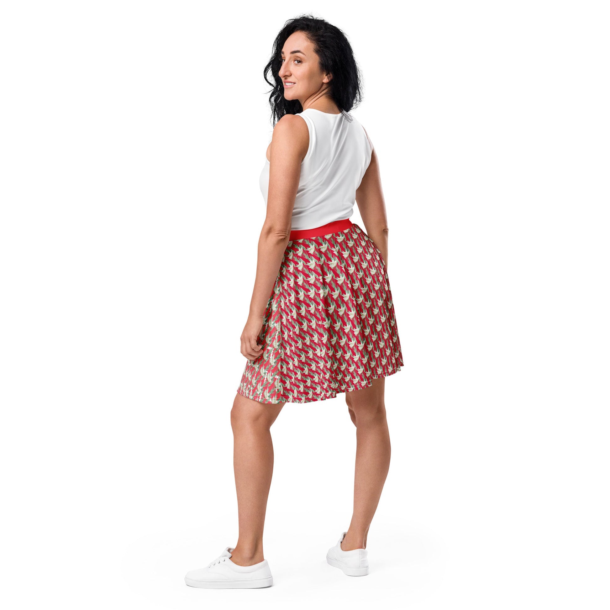 Women's skater skirt, Radical red color skirt, Festive and blooming pattern skater skirt, Cut & sew sublimation skirt, skater skirt for summer and spring - PratSN