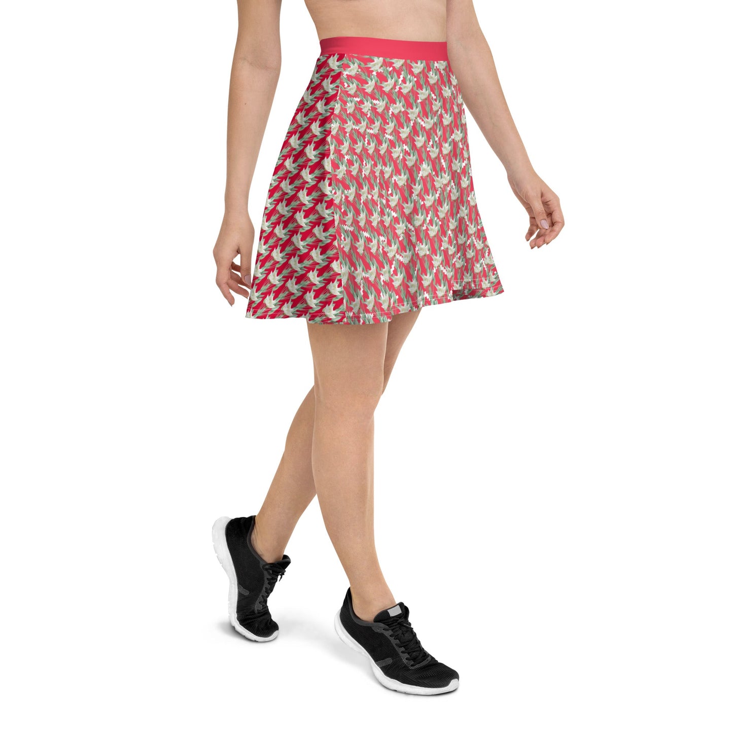 Women's skater skirt, Radical red color skirt, Festive and blooming pattern skater skirt, Cut & sew sublimation skirt, skater skirt for summer and spring - PratSN