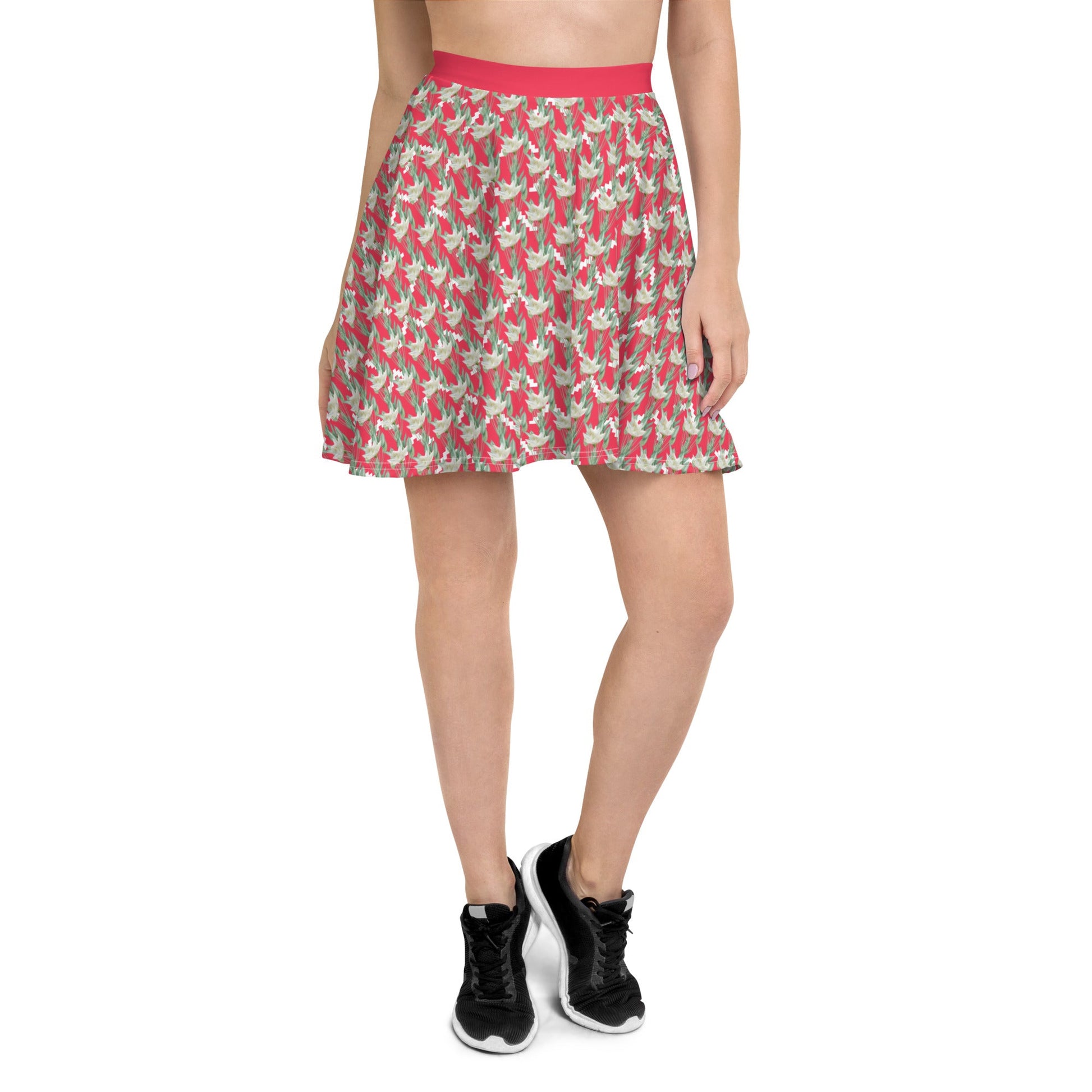 Women's skater skirt, Radical red color skirt, Festive and blooming pattern skater skirt, Cut & sew sublimation skirt, skater skirt for summer and spring - PratSN