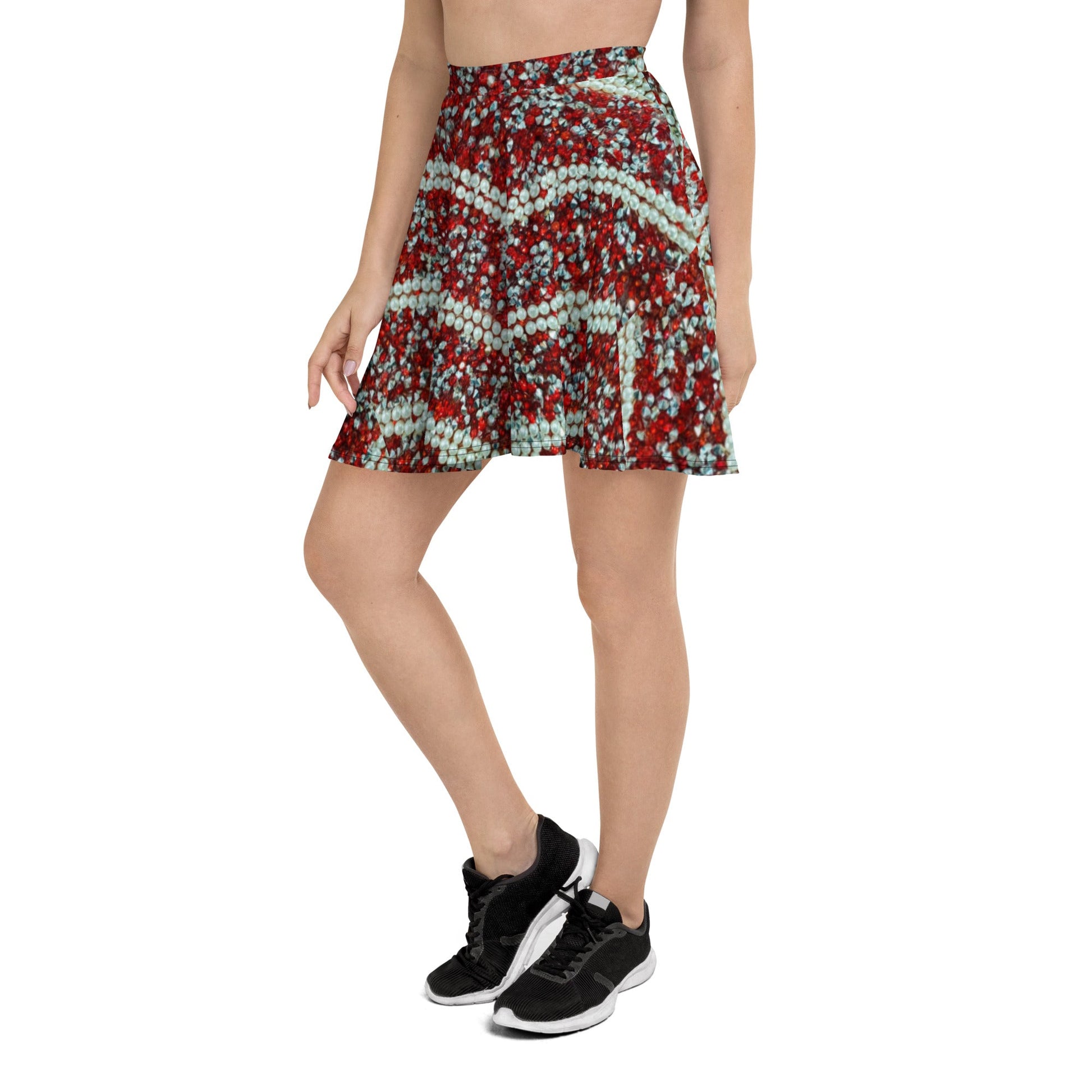 Women's Skater Skirt, Rhinestone Print Red White Mini Skirt, Cut & sew sublimation skirt, skater skirt for summer and spring - PratSN