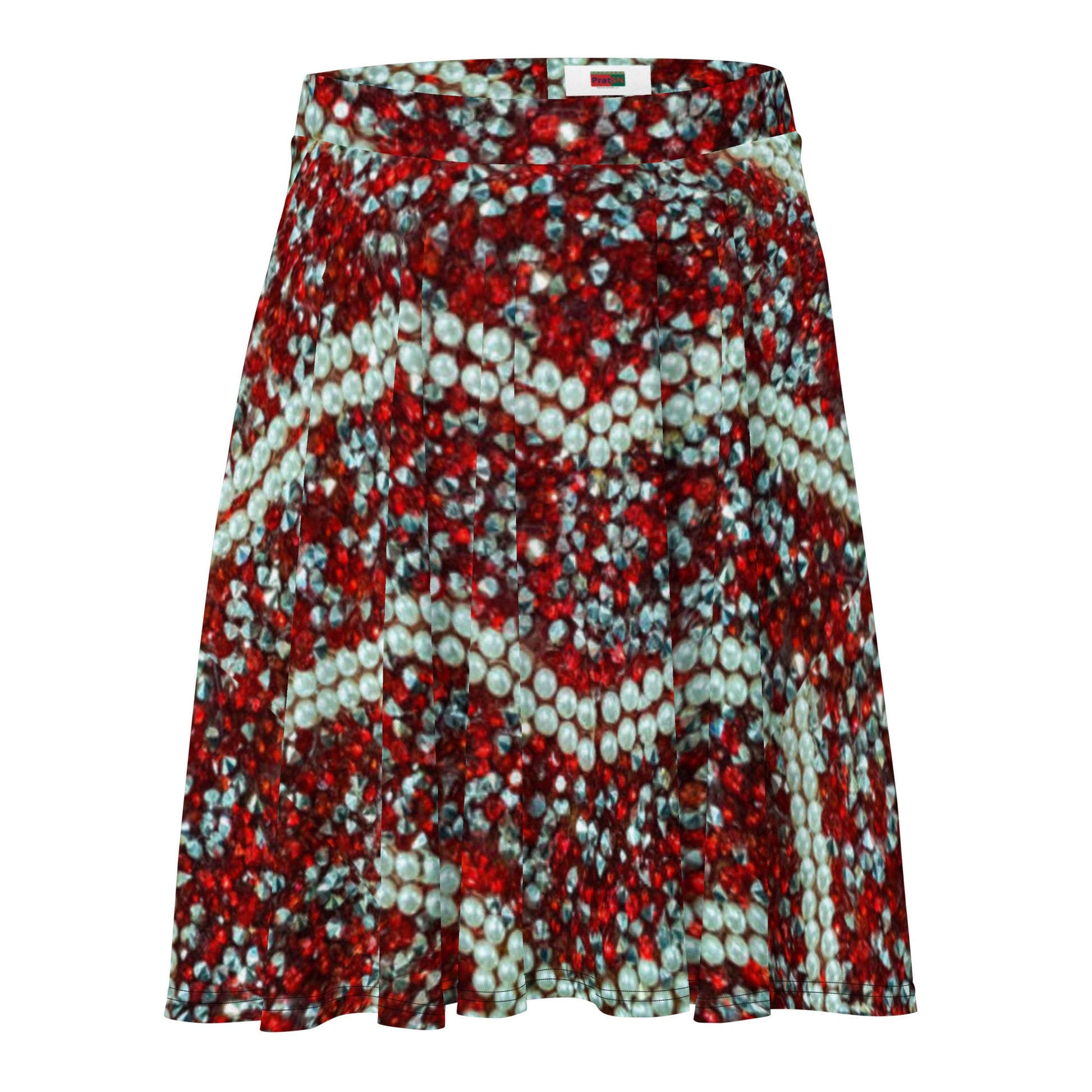 Women's Skater Skirt, Rhinestone Print Red White Mini Skirt, Cut & sew sublimation skirt, skater skirt for summer and spring - PratSN
