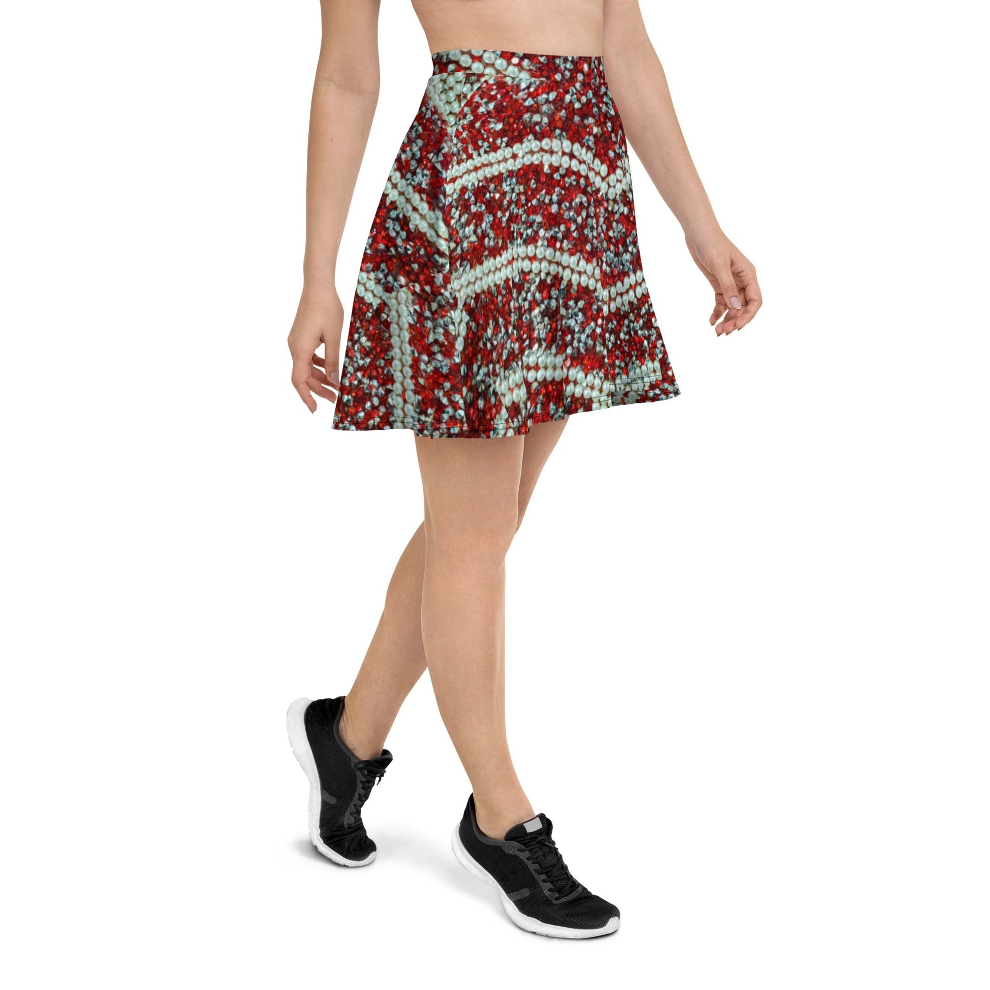 Women's Skater Skirt, Rhinestone Print Red White Mini Skirt, Cut & sew sublimation skirt, skater skirt for summer and spring - PratSN