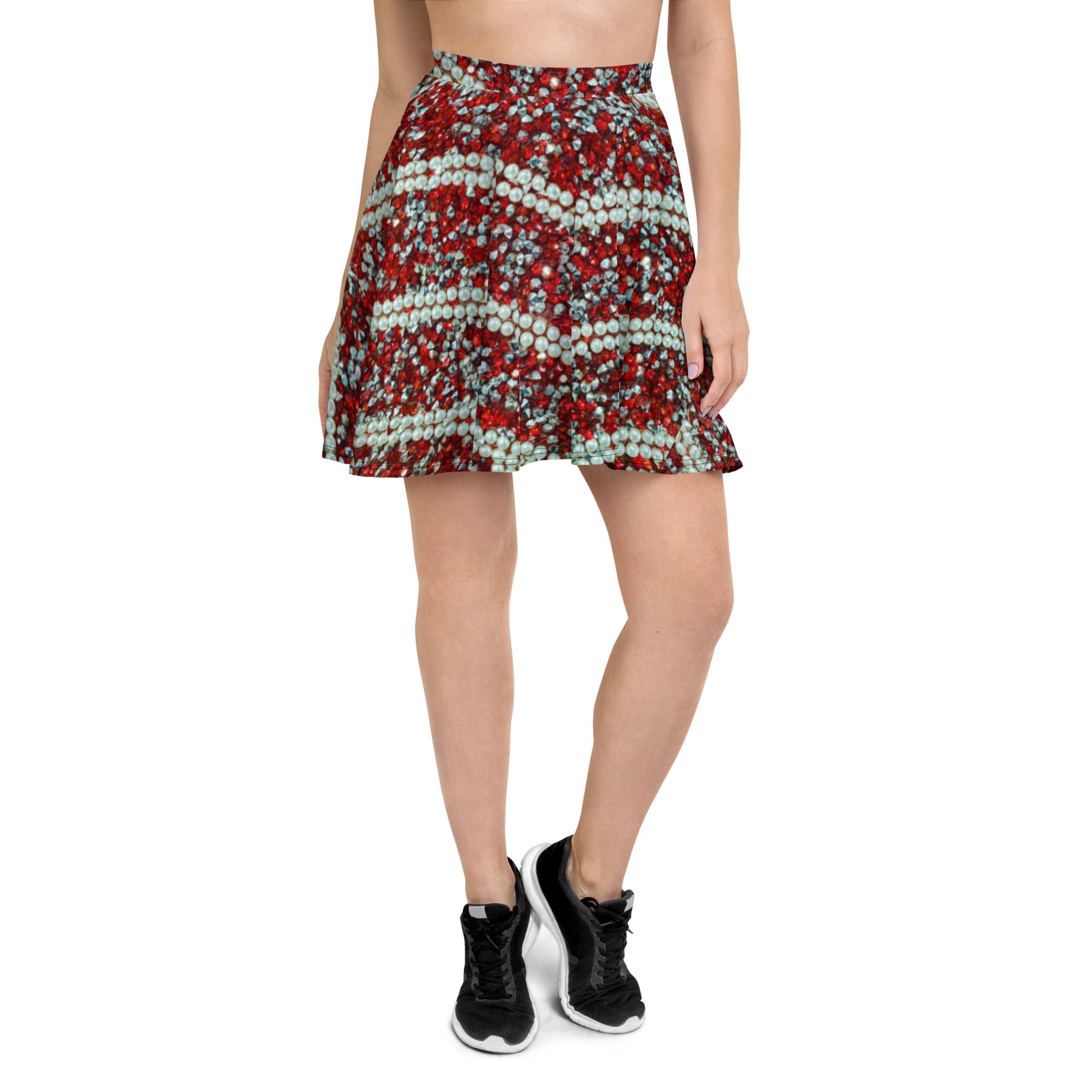 Women's Skater Skirt, Rhinestone Print Red White Mini Skirt, Cut & sew sublimation skirt, skater skirt for summer and spring - PratSN