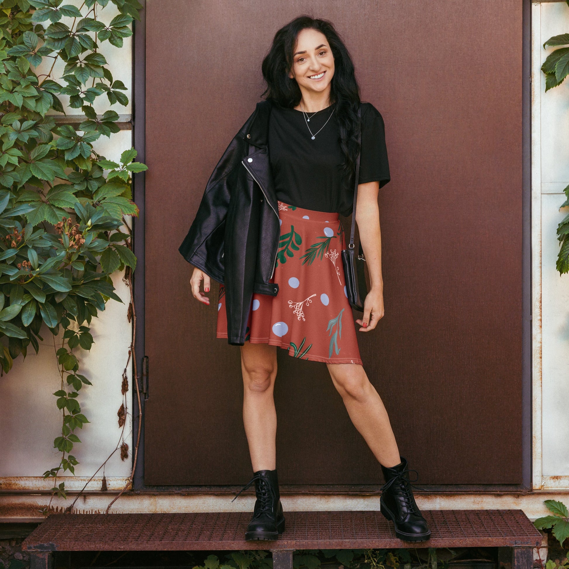 Women's skater skirt, Rust color skirt, Leaf pattern skater skirt, Cut & sew sublimation skirt, skater skirt for summer and spring - PratSN