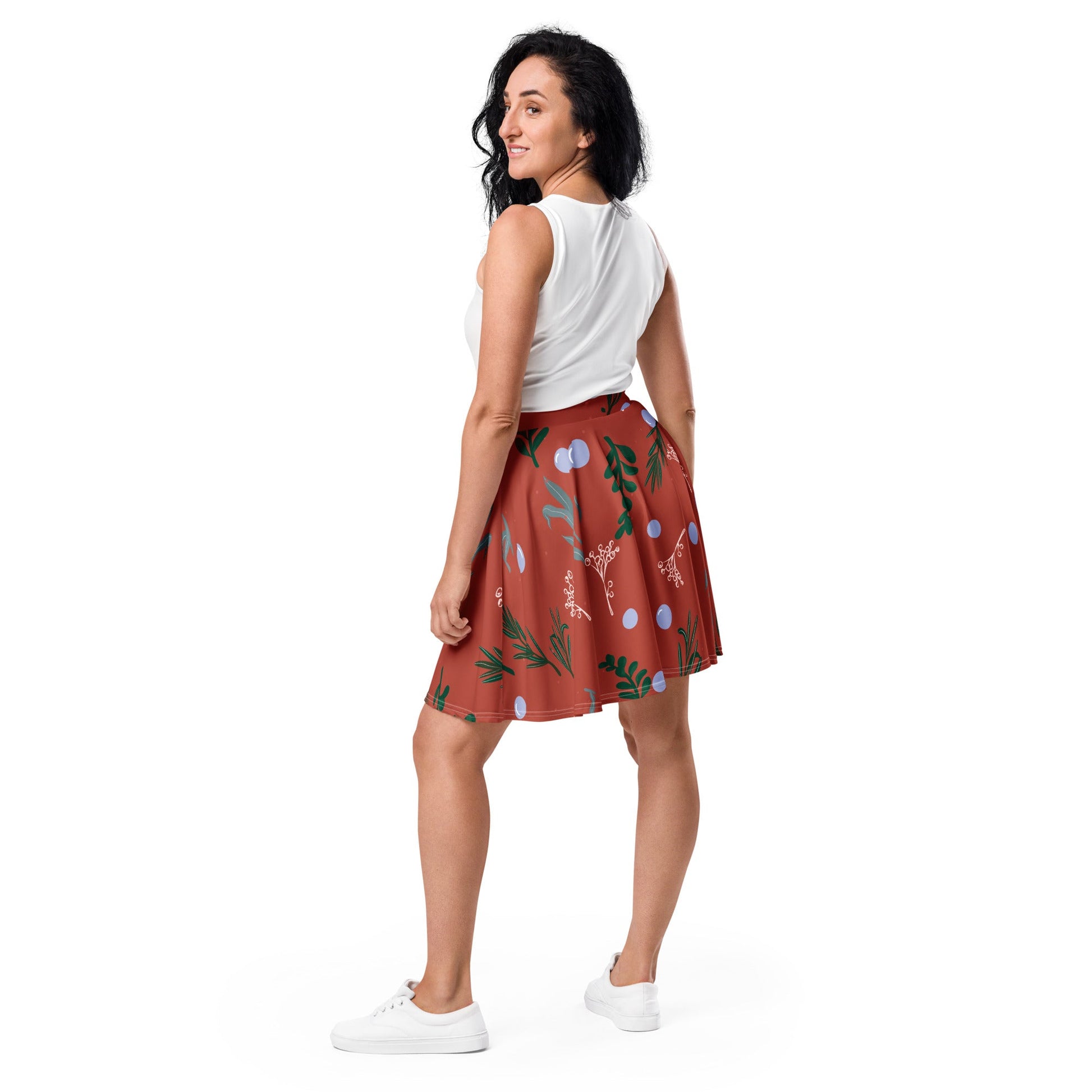 Women's skater skirt, Rust color skirt, Leaf pattern skater skirt, Cut & sew sublimation skirt, skater skirt for summer and spring - PratSN