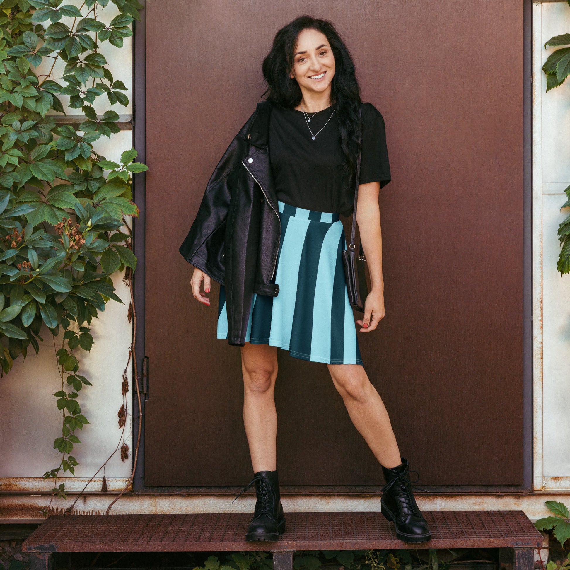 Women's skater skirt, Sky blue and deep green color skirt, Stripped skater skirt, Cut & sew sublimation skirt, skater skirt for summer and spring - PratSN